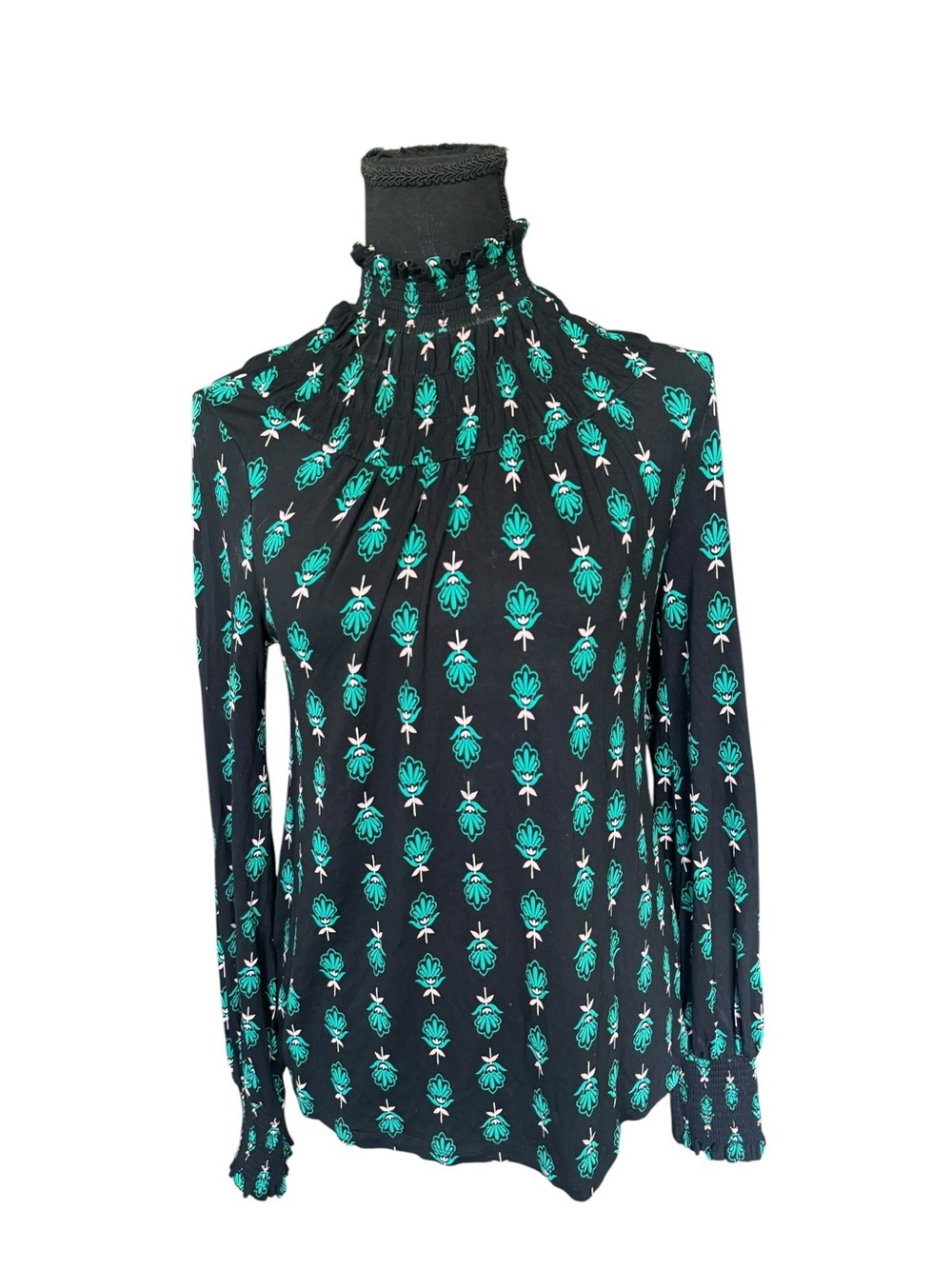 Boden Smocked Mock Neck Floral Print Blouse Black Teal Long Sleeve US 2 E213